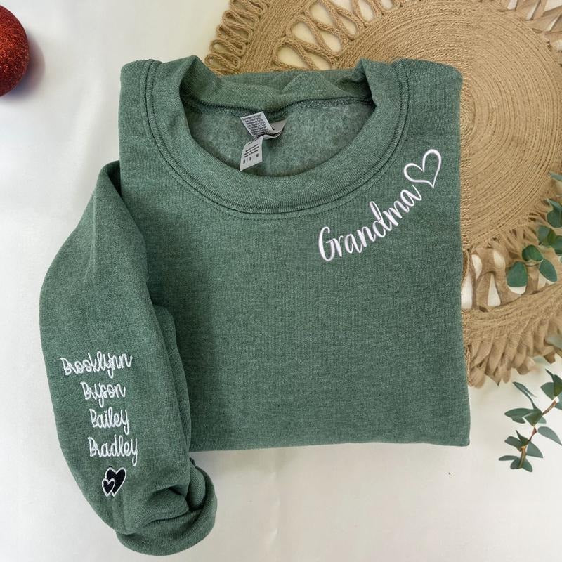 Custom Embroidered Grandma Sweatshirt with Grandkids Names on Sleeve, Personalized Minimalist Gift Grandma Sweatshirt...