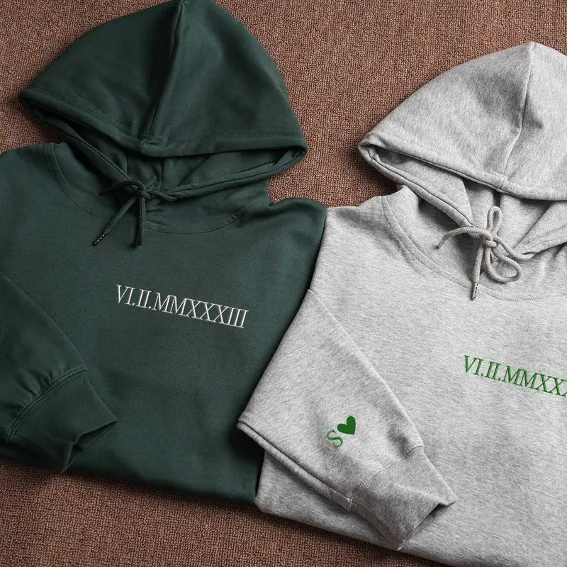 Custom Embroidered Roman Numeral Hoodie - Anniversary gifts - Couples Gifts - Personalized Date and Initial Hoodie -...