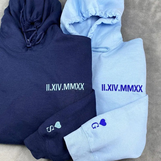 Custom Embroidered Roman Numeral Hoodie - Couples Gift - Personalized Gift Date Hoodie Initial on Sleeve - Engagements,...