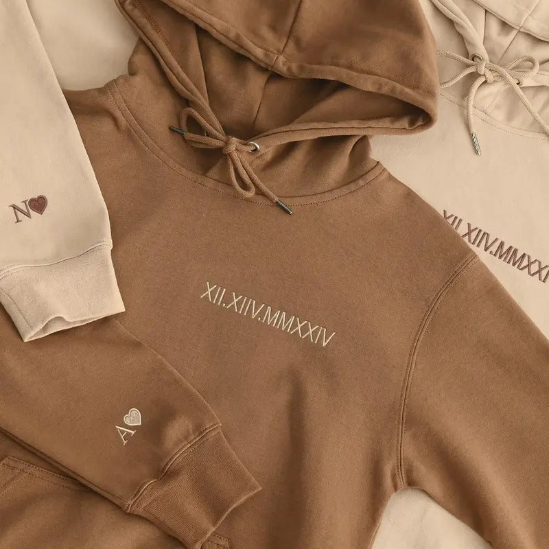 Custom Embroidered Roman Numeral Hoodie, Personalized Date Hoodie, Initial On Sleeve, Couples Gift, Matching Hoodie,...