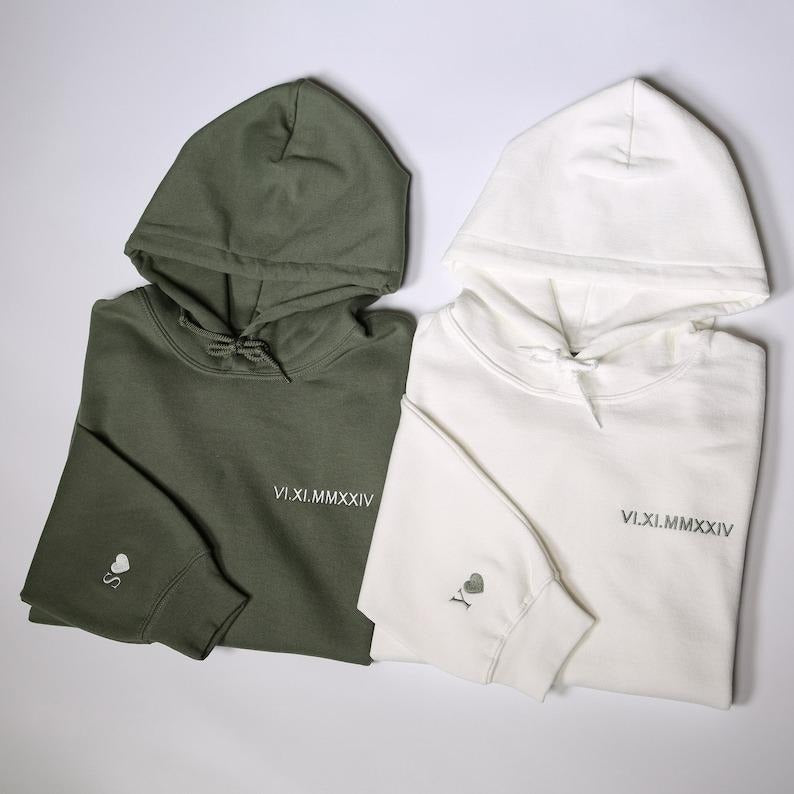 Custom Embroidered Roman Numeral Hoodie, Personalized Matching Sweatshirt, Customized Date And Initial Outfit On Sleeve,...