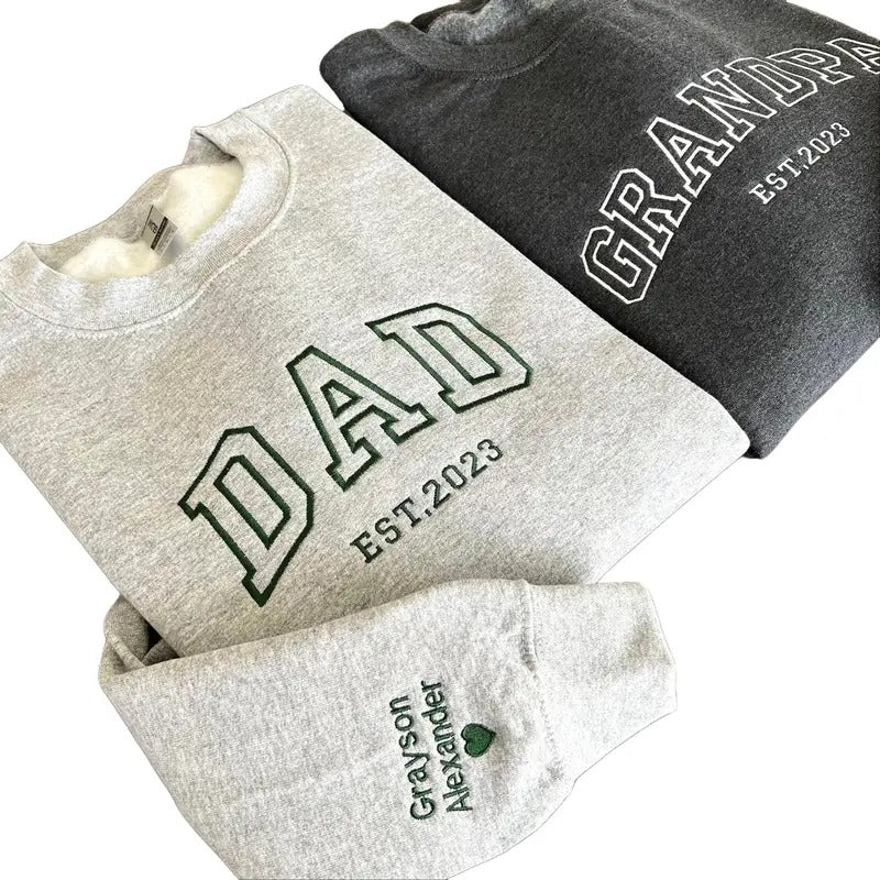Custom Embroidered Sweatshirt, Name On Sleeve With Heart, Grandpa Shirt With Date, Daddy Est Year Sweatshirt, Gift For...