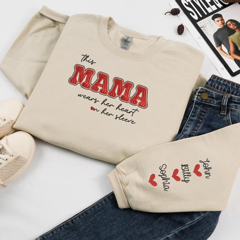 Custom Embroidered This Mama Wears Her Heart on Her Sleeve Hoodie with Kid Name | Mama Valentine Sweatshirt | Valentine...