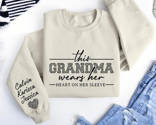 Custom Grandma Sweatshirt, This Grandma Wears Her Heart On Her Sleeve Sweater, With Kids Name On Sleeve, Grandma Sweater,...