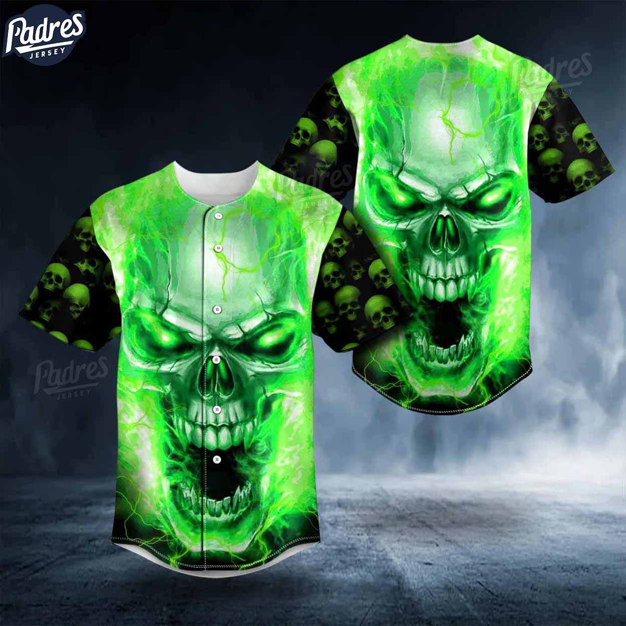 Custom Green Lightning Screaming Skull Baseball Jersey - Padres Jersey Oasis: Elevate Your Baseball Style Game T-Shirts,...