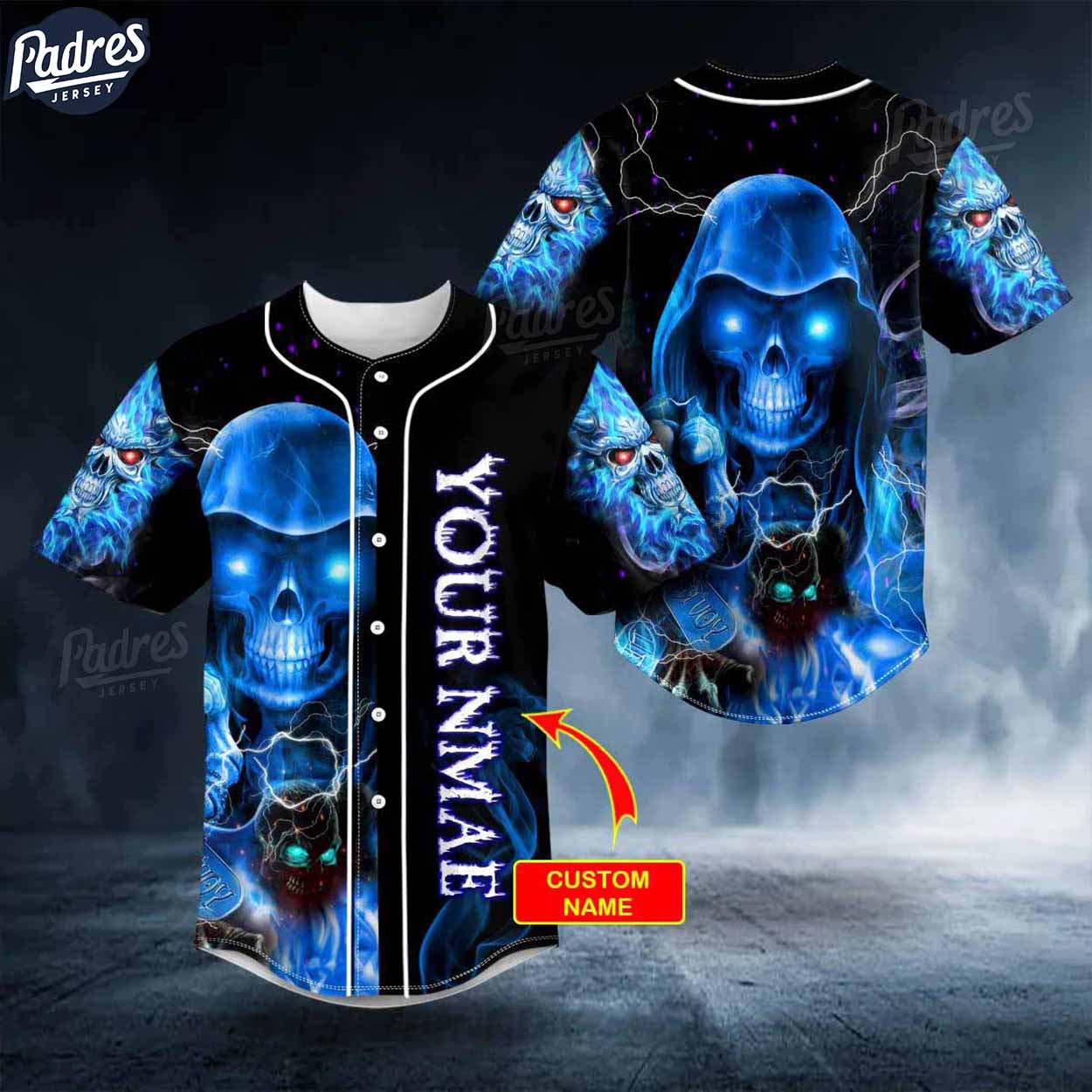 Custom Grim Reaper Blue Fire Lightning Skull Baseball Jersey - Padres Jersey Oasis: Elevate Your Baseball Style Game...