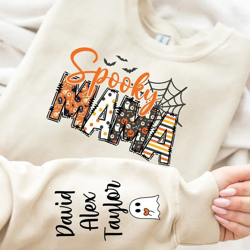 Custom Halloween Spooky Mama Sweatshirt with Kids Name on Sleeve Sweatshirt, Cool Mama Halloween Sweatshirt, Mama...