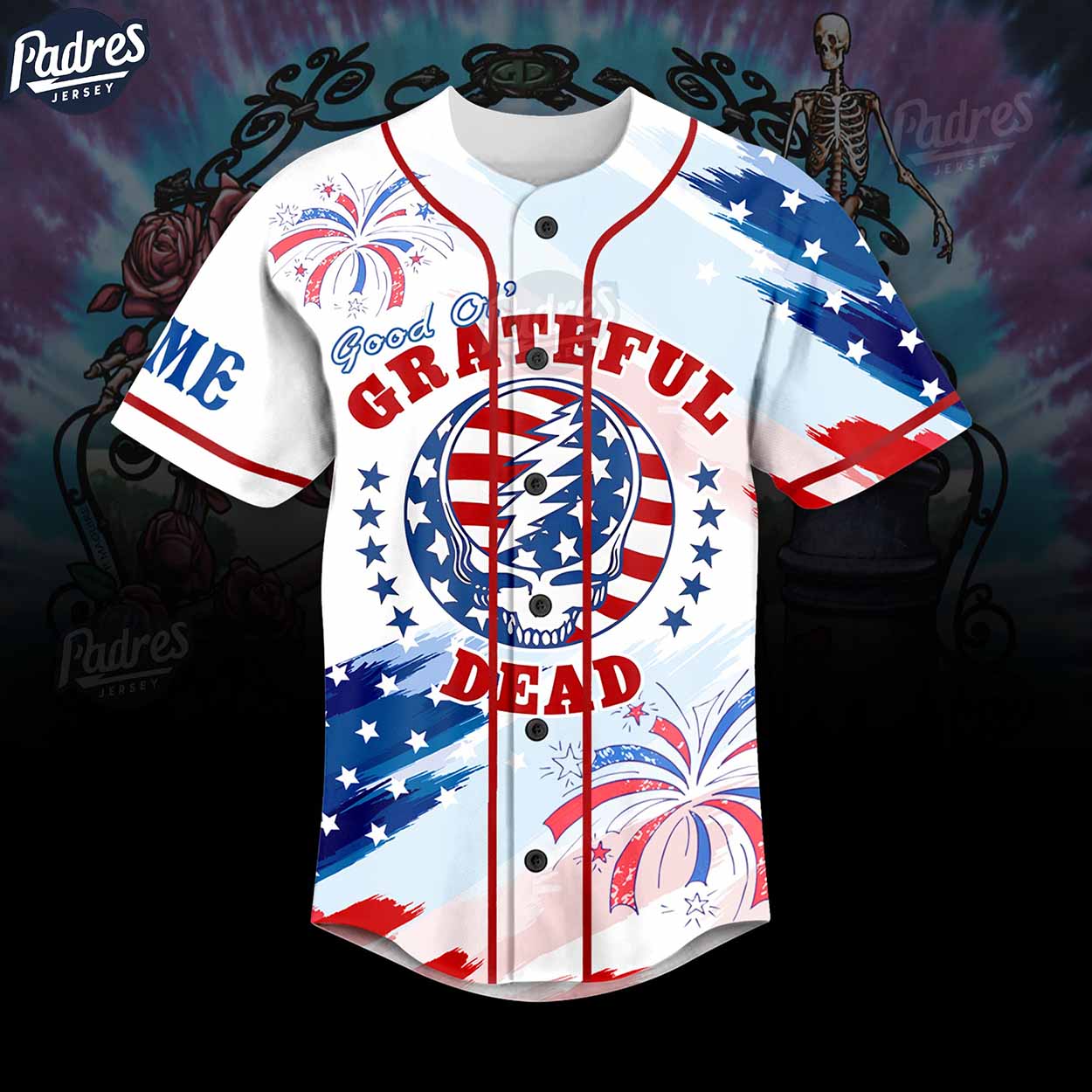 Custom Happy 4th Of July Grateful Dead Baseball Jersey Style - Padres Jersey Oasis: Elevate Your Baseball Style... (Image 2)