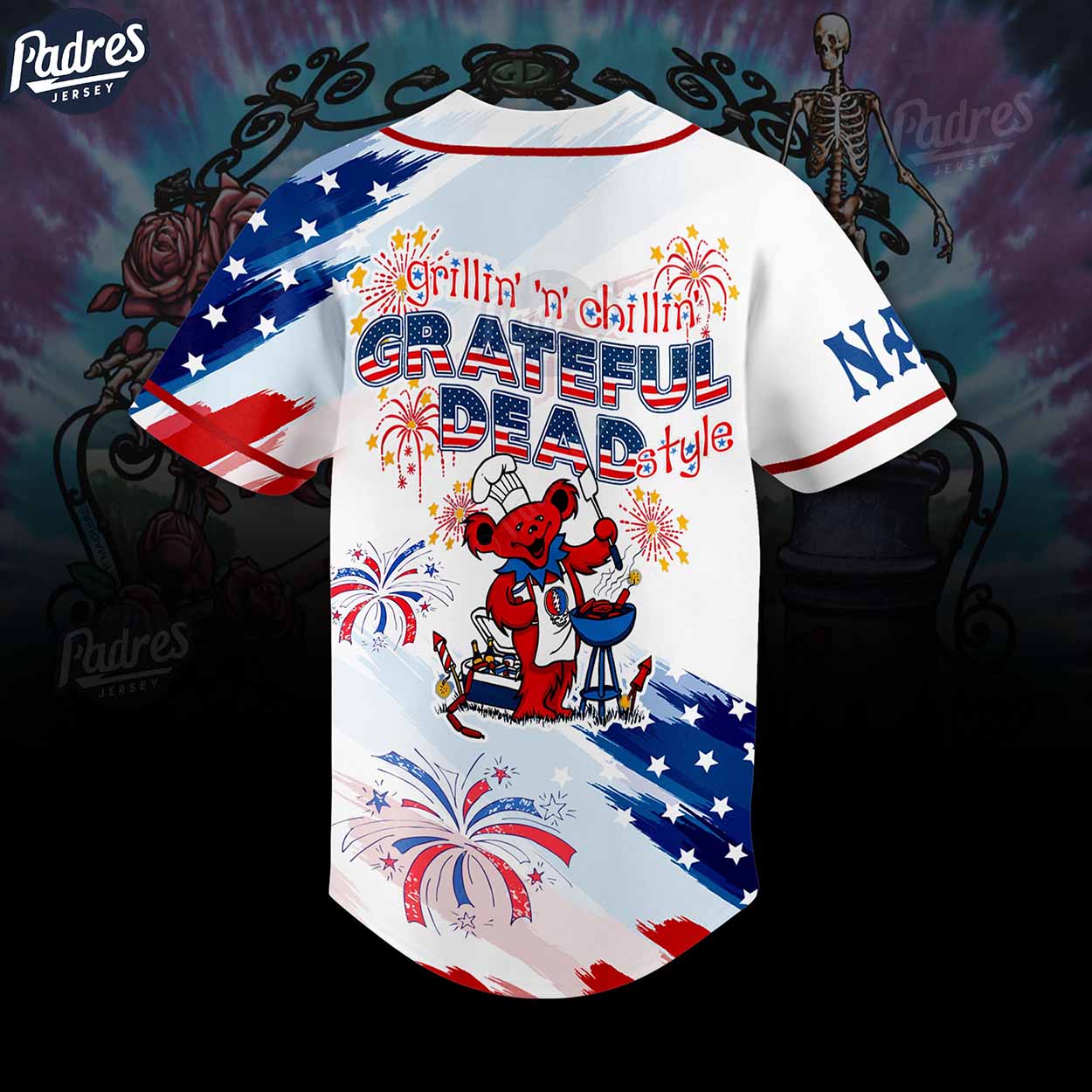 Custom Happy 4th Of July Grateful Dead Baseball Jersey Style - Padres Jersey Oasis: Elevate Your Baseball Style... (Image 3)