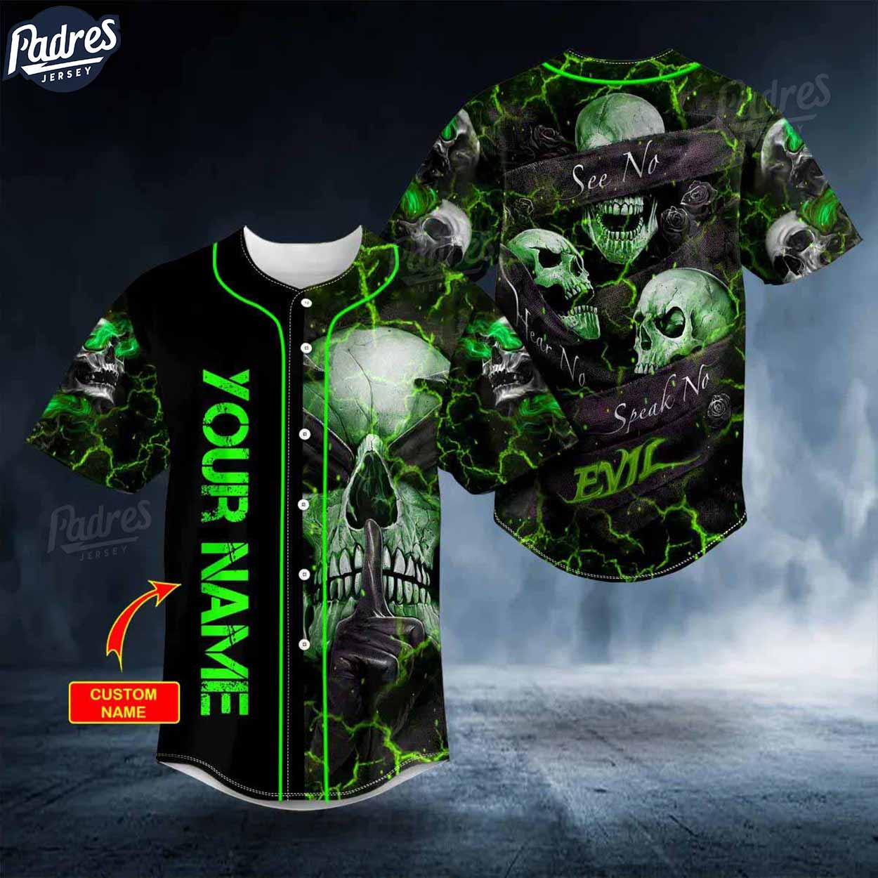 Custom Hear No Evil See No Evil Speak No Evil Green Skull Baseball Jersey - Padres Jersey Oasis: Elevate Your Baseball...