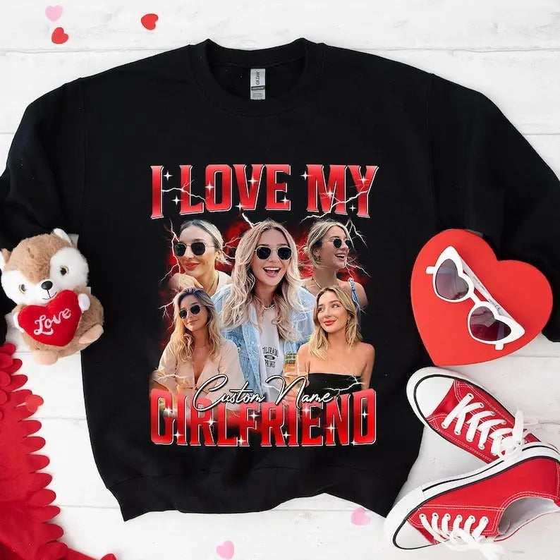 Custom I Love My Girlfriend Shirt, Custom Couples Photo Shirt, Customize Photo Bootleg Idea Tee, Gift For BoyFriends...