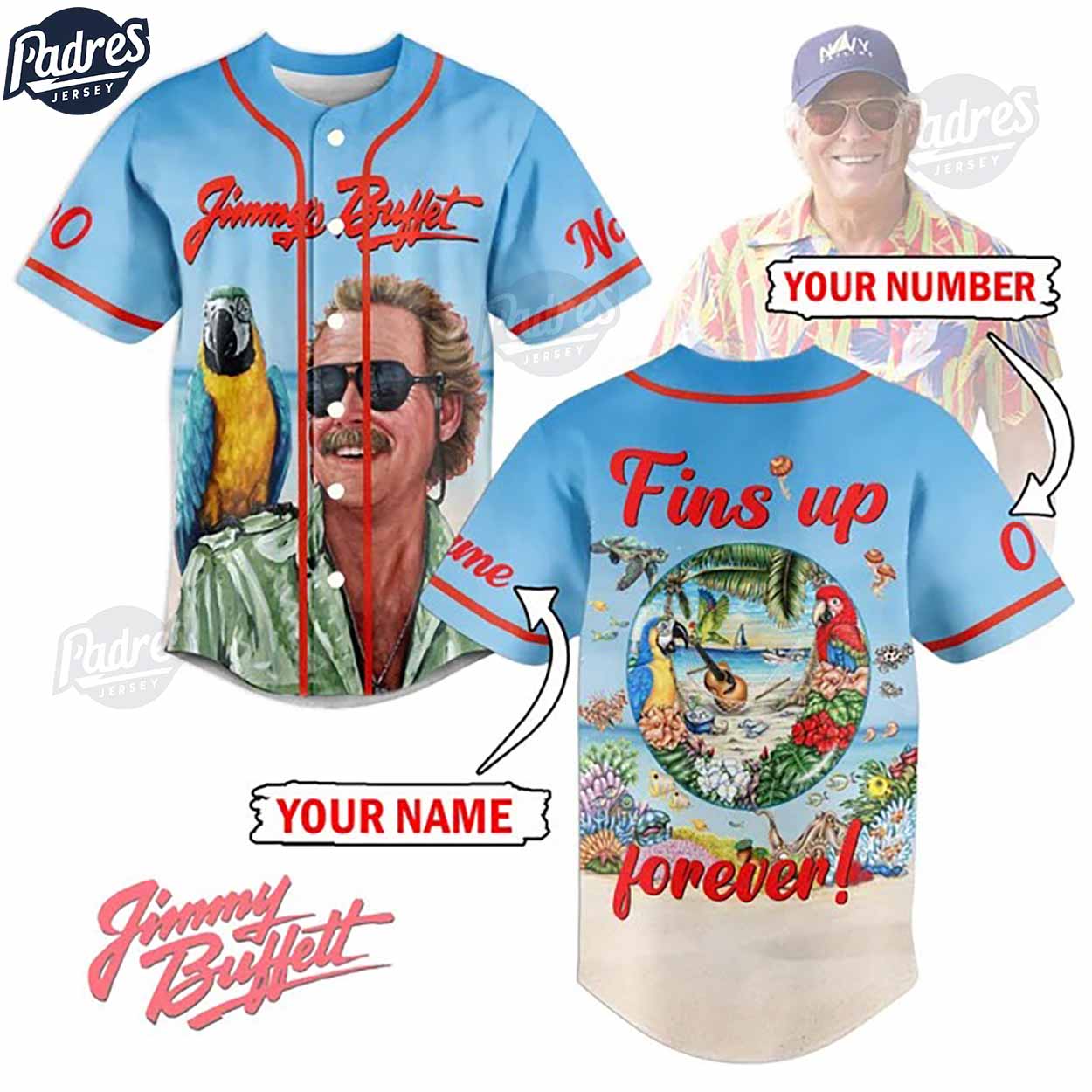Custom Jimmy Buffett Fins Up Forever Baseball Jersey - Padres Jersey Oasis: Elevate Your Baseball Style Game... (Image 1)