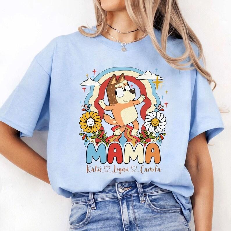 Custom Kids Name Floral Mama Bluey Mothers Day Shirt | Bluey Mom Shirt | Chilli Heeler Shirt Bluey Chilli Mum Shirt Gift...