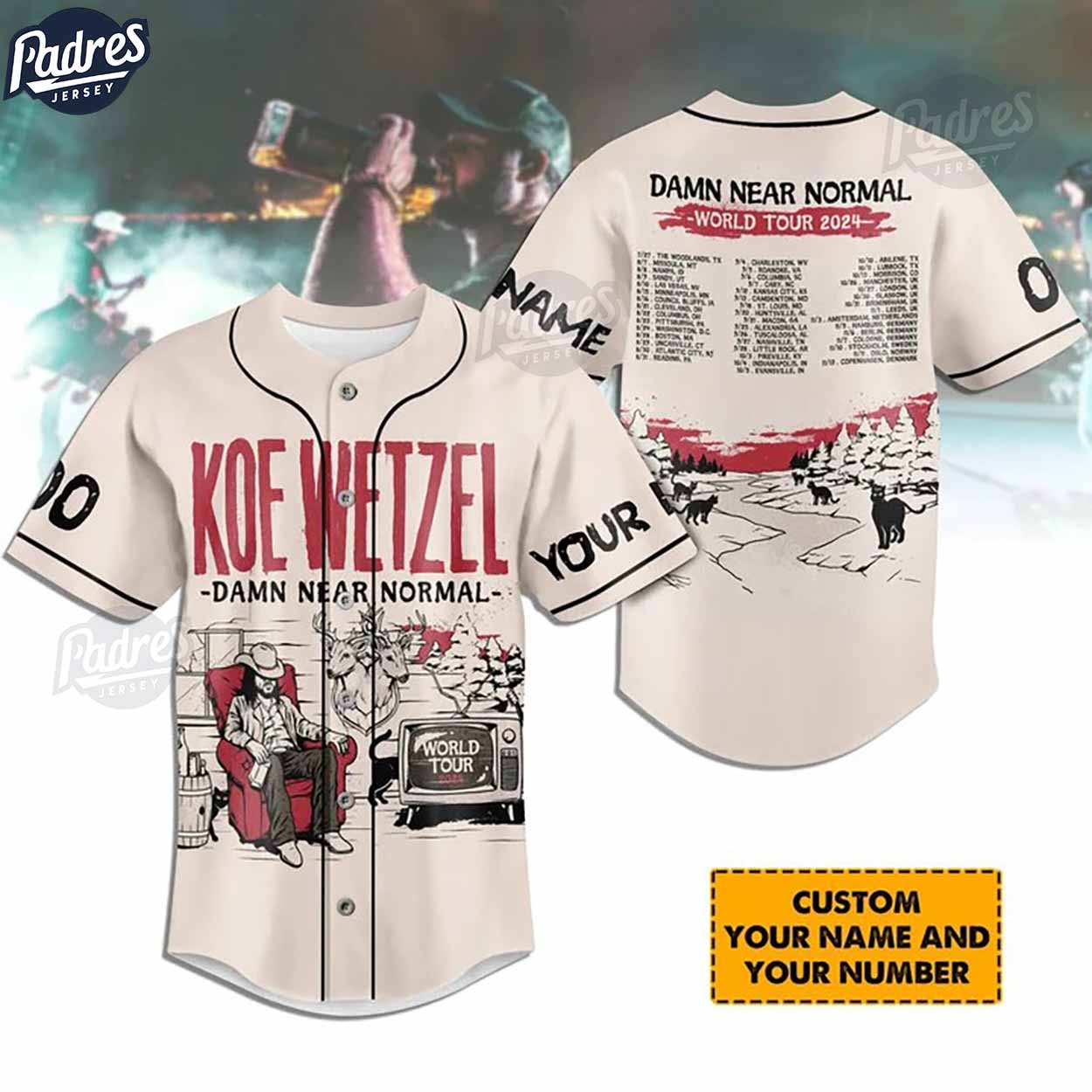 Custom Koe Wetzel Damn Near Normal Tour 2024 Baseball Jersey - Padres Jersey Oasis: Elevate Your Baseball Style... (Image 1)