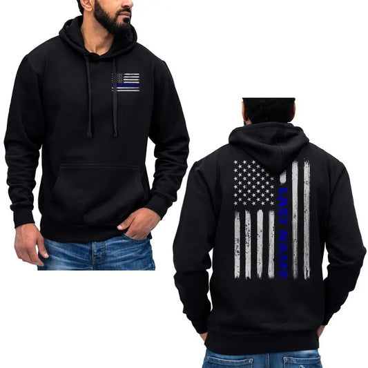 Custom Last Name Police Thin Blue Line Vertical Flag Hoodie Sweatshirt - Soft Cotton Blend Fabric Menswear Breathable...