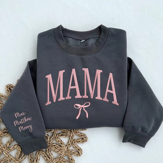 Custom Mama Coquette Embroidered Sweatshirt with Kids Name on Sleeve Gift for Mom, Mama Embroidered Shirt, Mother's Day...