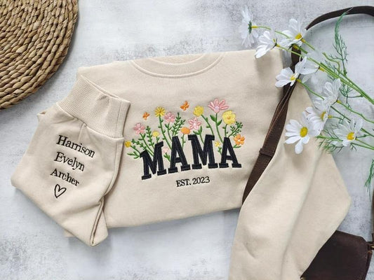 Custom Mama Embroidered Floral Sweatshirt,Custom Mama Crewneck With Kids Names, Heart On Sleeve, Gift For New Mom,...