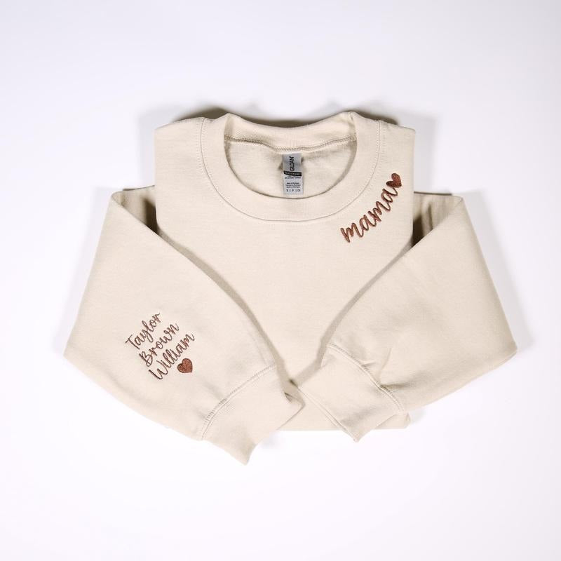 Custom Mama Embroidered Sweatshirt With Kids Names On Sleeve, Personalized Mom Embroidery Hoodie T-Shirts | WearSparks.com