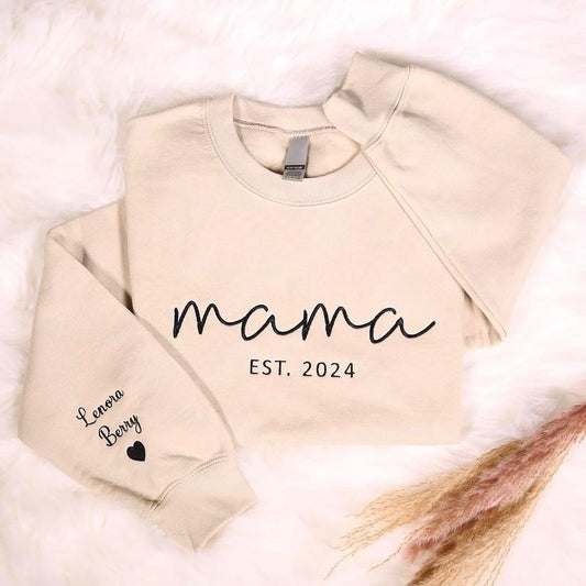 Custom Mama Embroidered Sweatshirt With Names On Sleeve, Personalized Mom Embroidery Hoodie, Birthday Mommy Shirt,...
