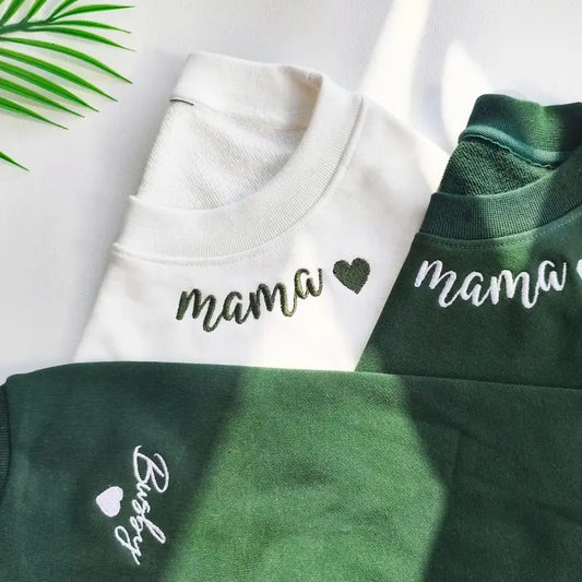 Custom Mama Embroidered Sweatshirt, Mom Shirt, Custom Mama Crewneck With Kids Names, Heart On Sleeve, Gift For New Mom,...