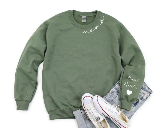 Custom Mama Sweatshirt With Kid Name On Sleeve, Personalized Mom Sweatshirt, Minimalist Momma Hoodie, Gift For Her,...