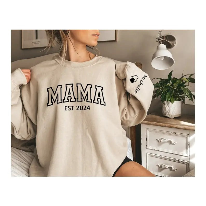 Custom Mama Sweatshirt with Date and Children Name on Sleeve Sweatshirt, Hoodie, T-Shirtstyle{n002}2 T-Shirts