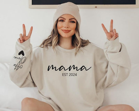 Custom Mama Sweatshirt with Name on Sleeve, Personalized Mom Sweatshirt, Mama Est 2024 Sweatshirt, Minimalist Momma...