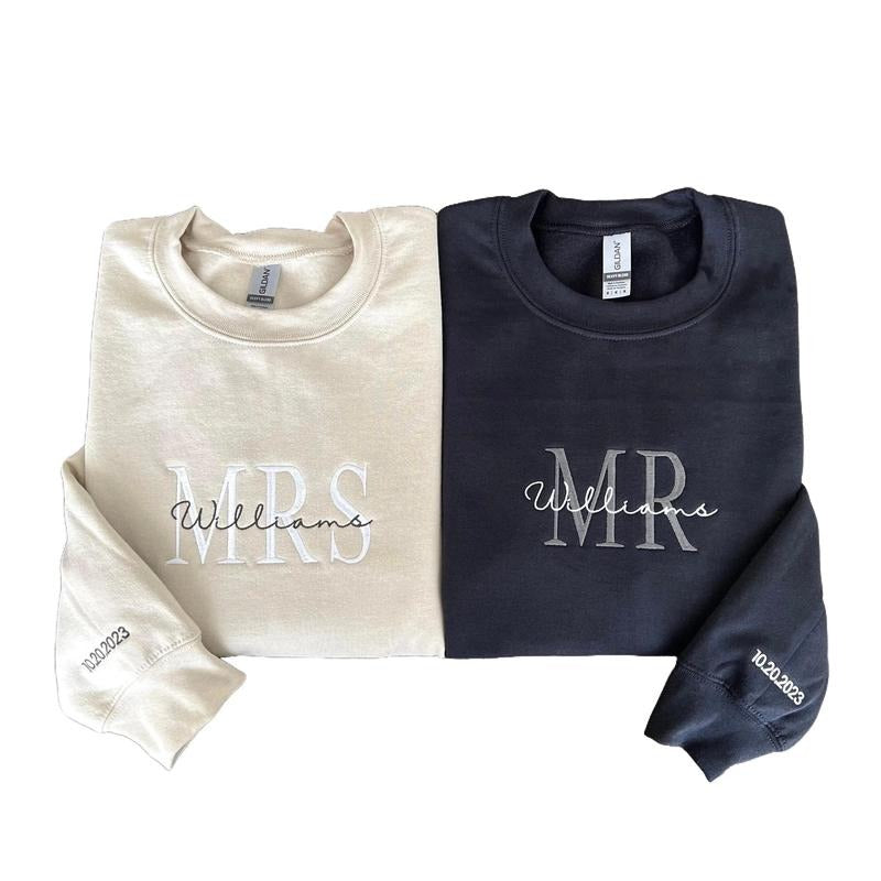 Custom Mrs. Embroidered Sweatshirt, Date On Sleeve, Hubby Wifey, Gift For Bride, Future Mrs. and Mr. Sweater Engagement...