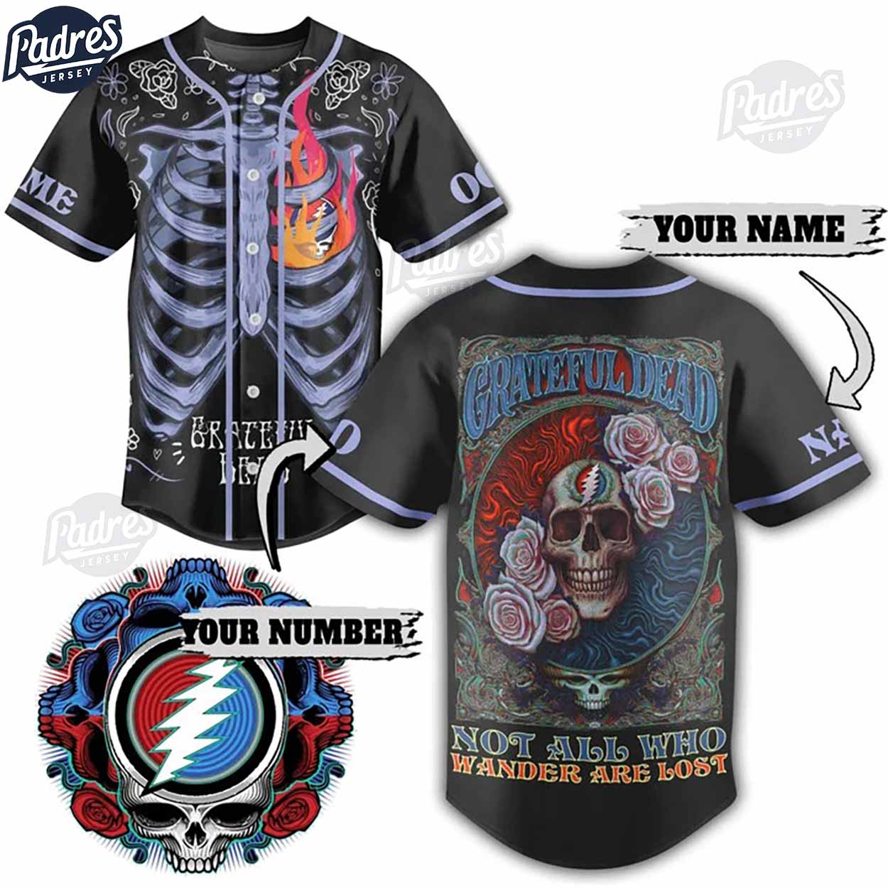 Custom Music Grateful Dead Baseball Jersey - Padres Jersey Oasis: Elevate Your Baseball Style Game T-Shirts,... (Image 1)