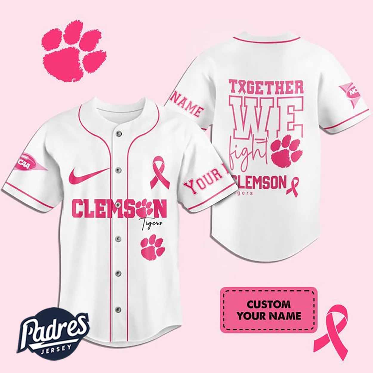 Custom NCAA Clemson Tigers Breast Cancer Baseball Jersey - Padres Jersey Oasis: Elevate Your Baseball Style... (Image 1)