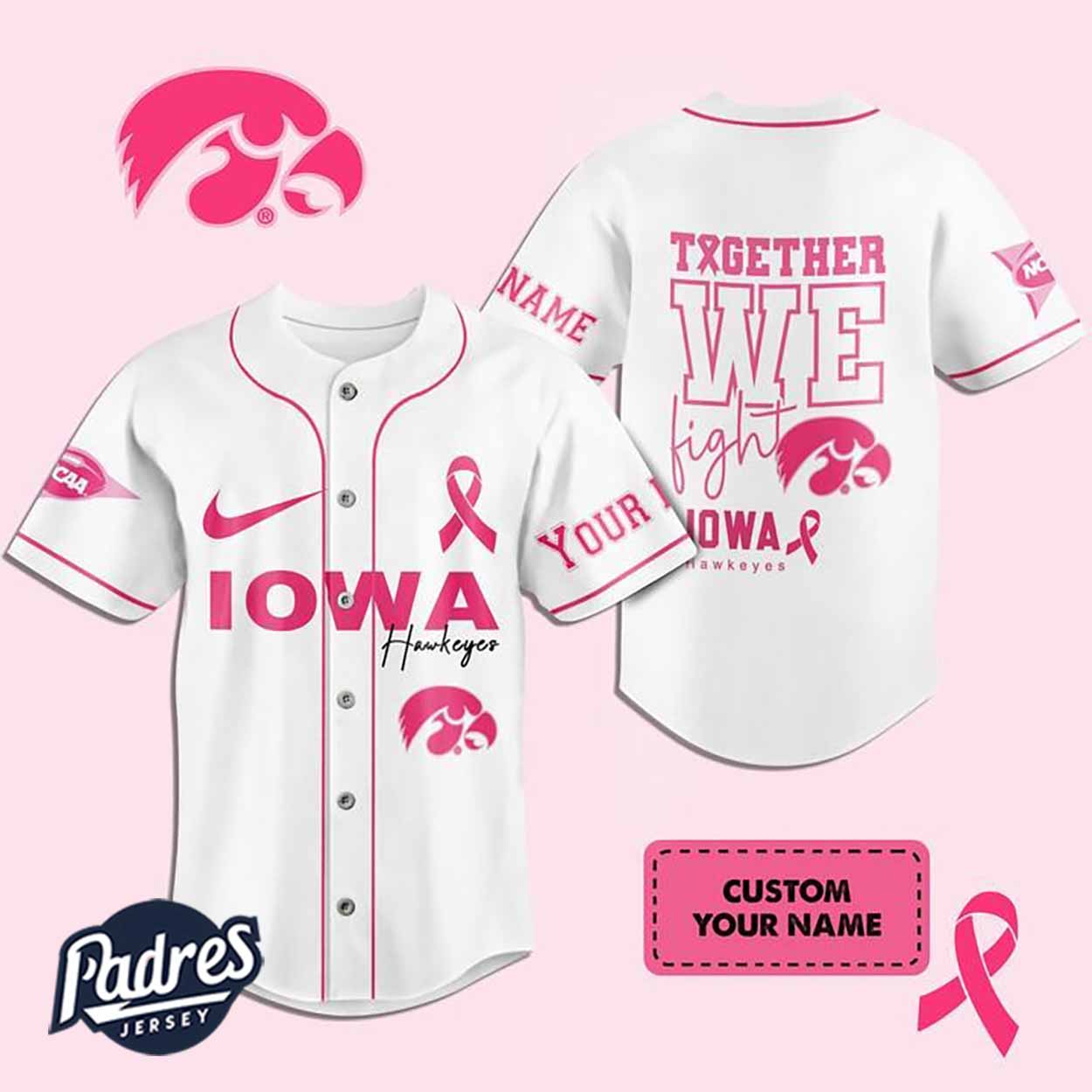 Custom NCAA Iowa Hawkeyes Breast Cancer Baseball Jersey - Padres Jersey Oasis: Elevate Your Baseball Style Game... (Image 1)