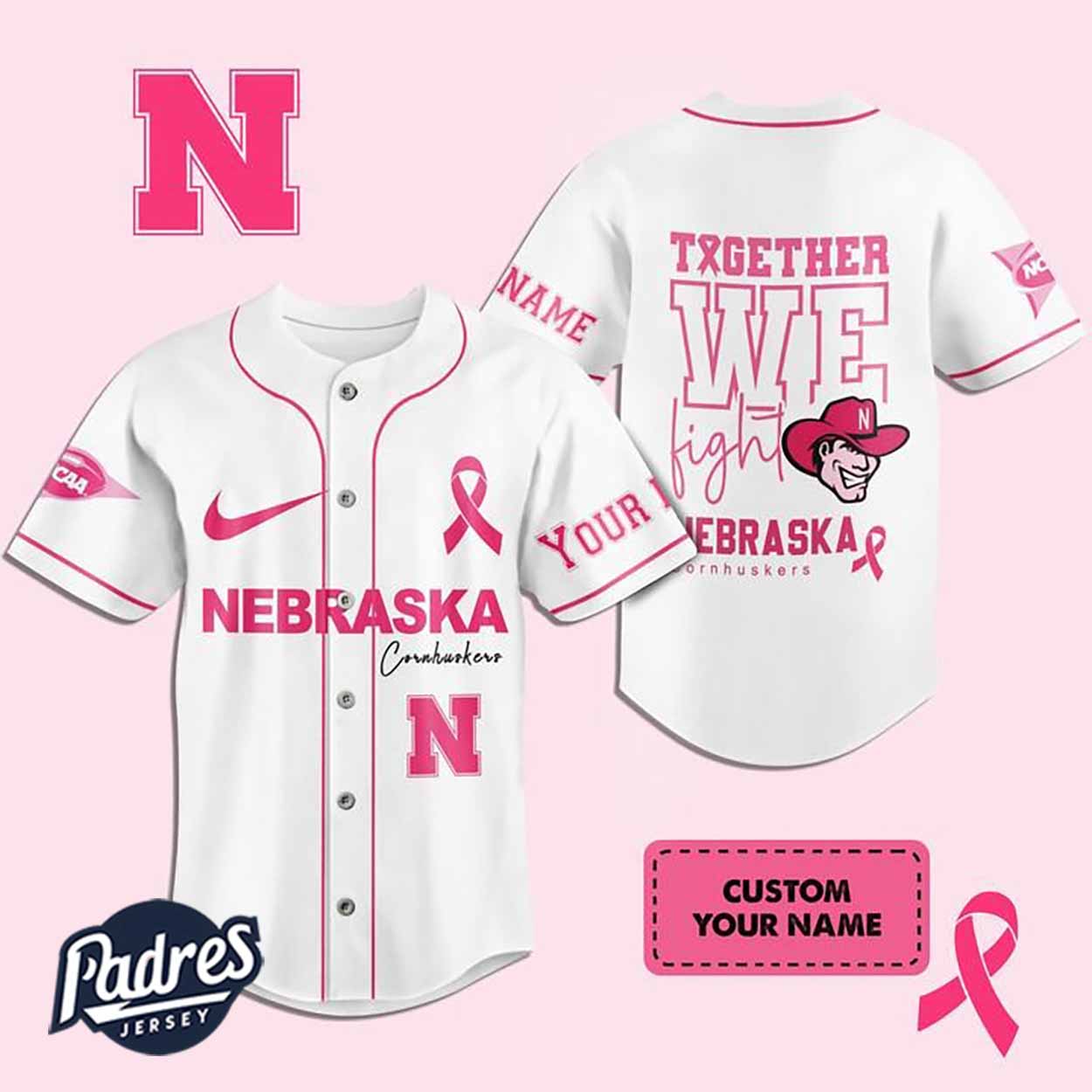 Custom NCAA Nebraska Cornhuskers Breast Cancer Baseball Jersey - Padres Jersey Oasis: Elevate Your Baseball... (Image 1)