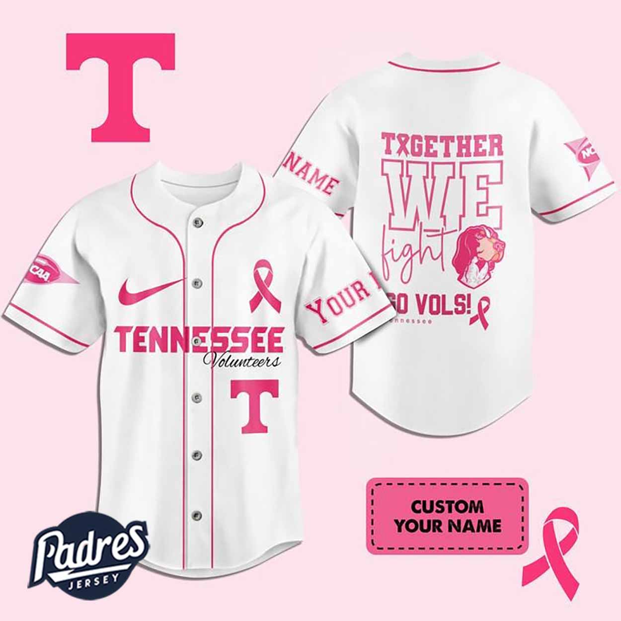 Custom NCAA Tennessee Volunteers Breast Cancer Baseball Jersey - Padres Jersey Oasis: Elevate Your Baseball... (Image 1)