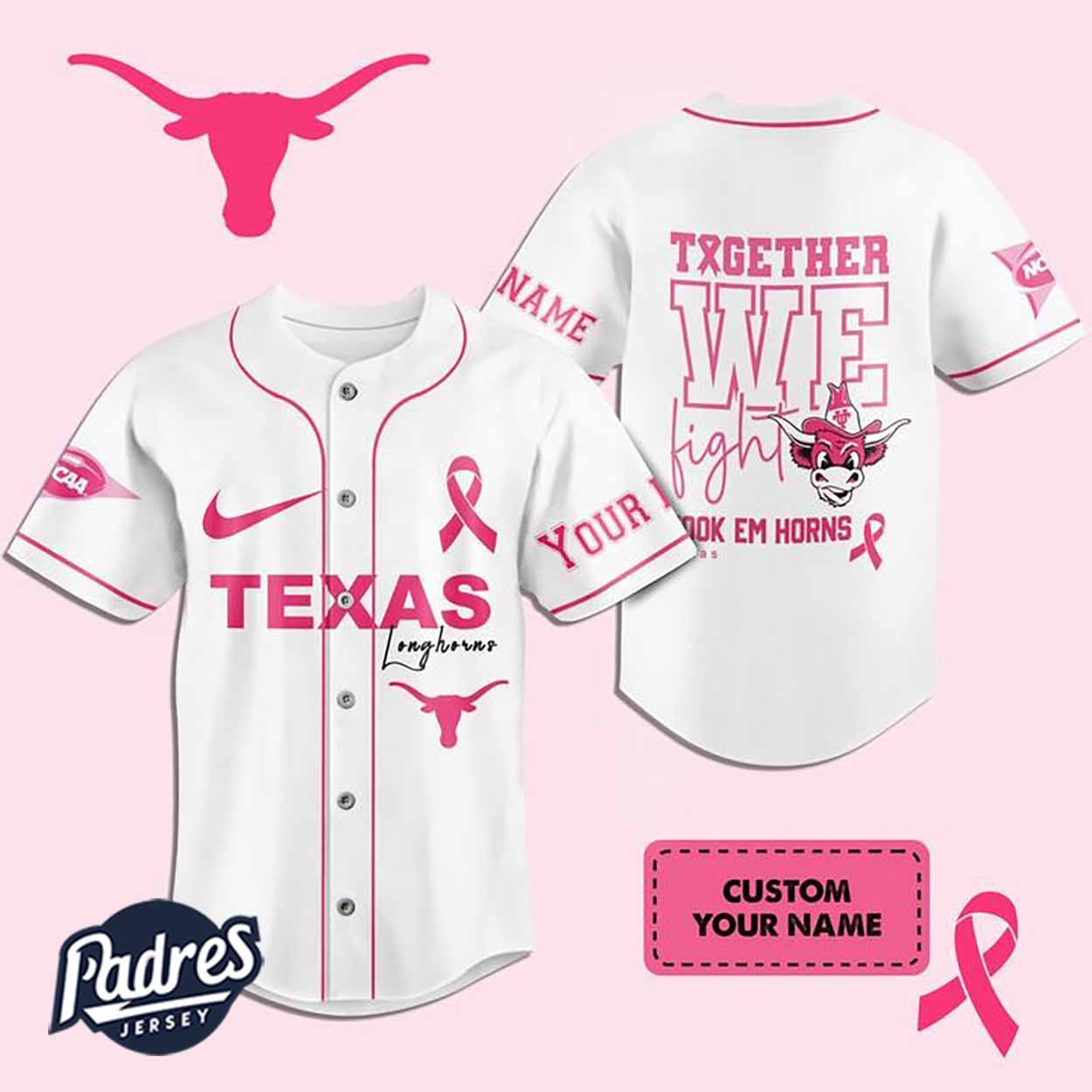 Custom NCAA Texas Longhorns Breast Cancer Baseball Jersey - Padres Jersey Oasis: Elevate Your Baseball Style... (Image 1)