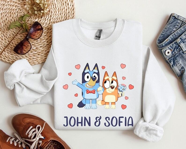 Custom Name Bluey Dog and Bingo Valentine Day Sweatshirt, Bluey Happy Valentine Hoodie, Valentine Love Hoodie, Valentine...