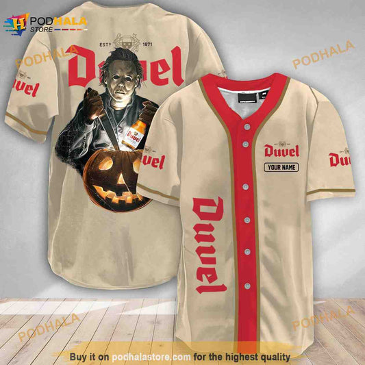Custom Name Michael Myers Pumpkin Duvel Beer 3D Baseball Jersey