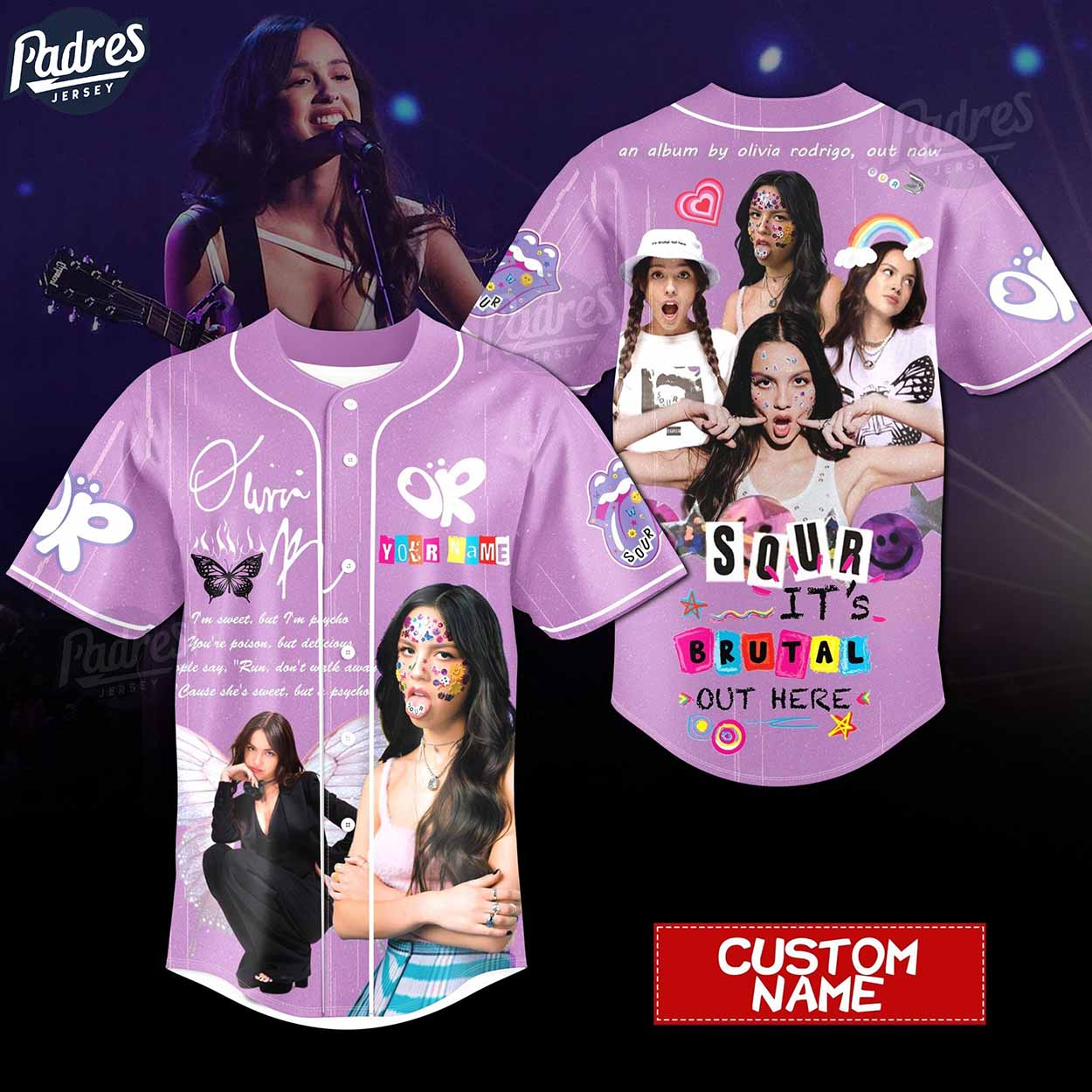 Custom Name Olivia Rodrigo Music Baseball Jersey Style - Padres Jersey Oasis: Elevate Your Baseball Style Game... (Image 1)