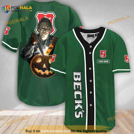 Custom Name Scary Michael Myers Pumpkin Beck’s Beer 3D Baseball Jersey