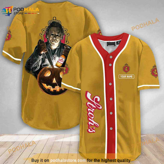 Custom Name Scary Michael Myers Pumpkin Stroh’s Beer 3D Baseball Jersey