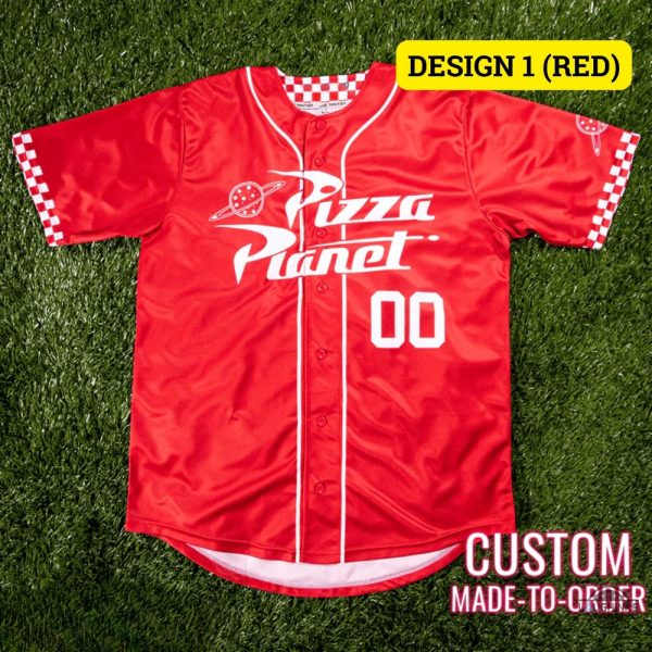 Custom Pizza Planet Baseball Jersey Shirt Red And White NEW