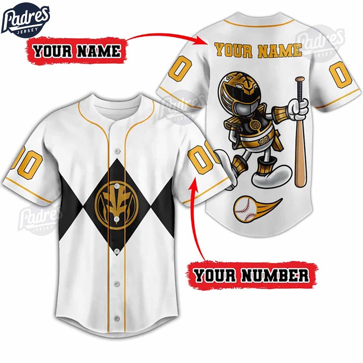 Custom Power Rangers White Ranger Baseball Jersey - Padres Jersey Oasis: Elevate Your Baseball Style Game... (Image 3)