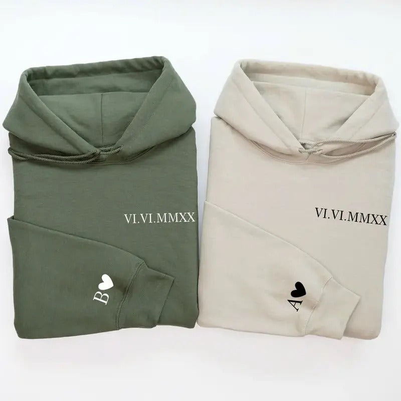 Custom Roman Numeral Hoodie or Sweatshirt Couples Gift Personalized Date Initial On Sleeve Engagements Anniversaries...