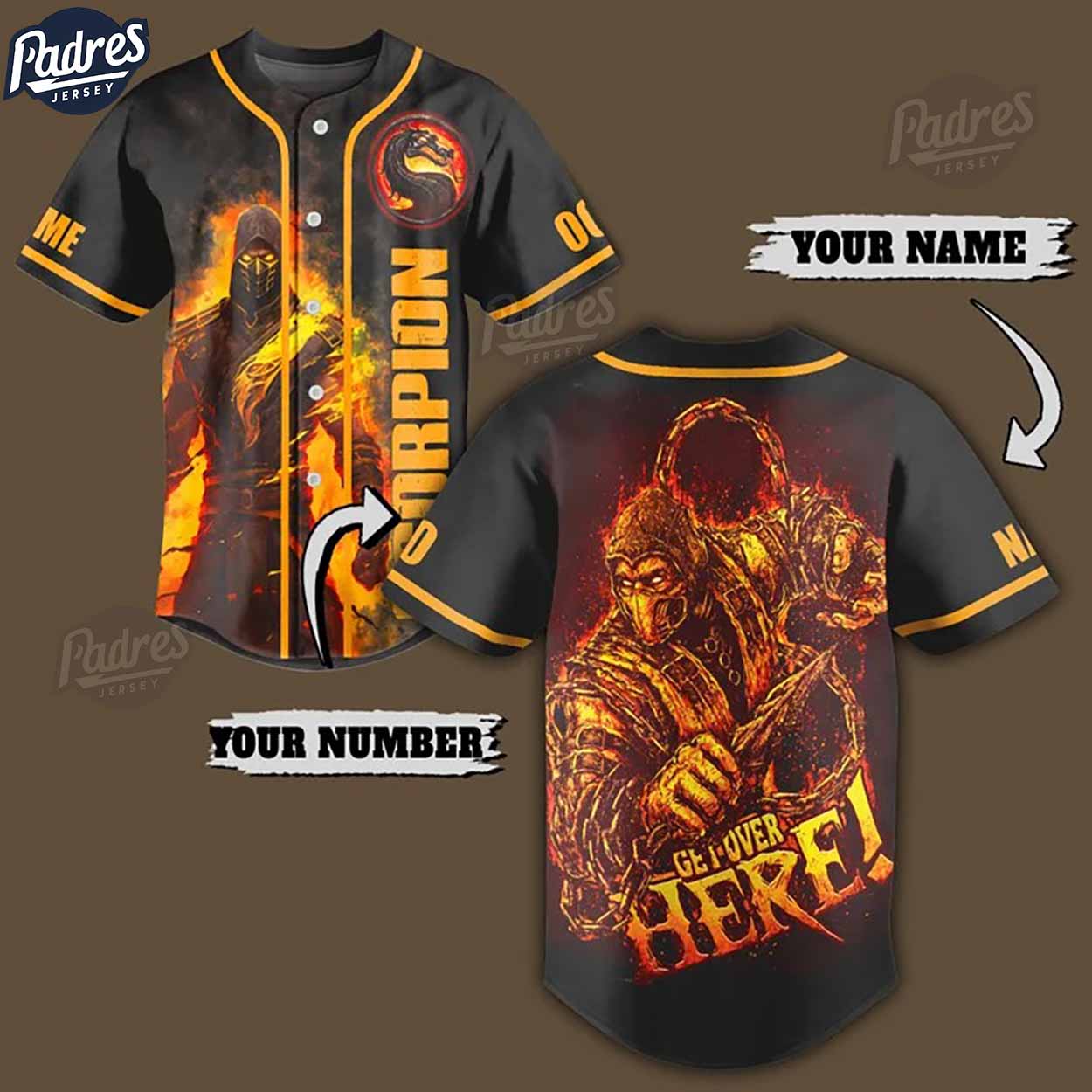 Custom Scorpion Get Over Here Mortal Kombat Baseball Jersey - Padres Jersey Oasis: Elevate Your Baseball Style... (Image 1)