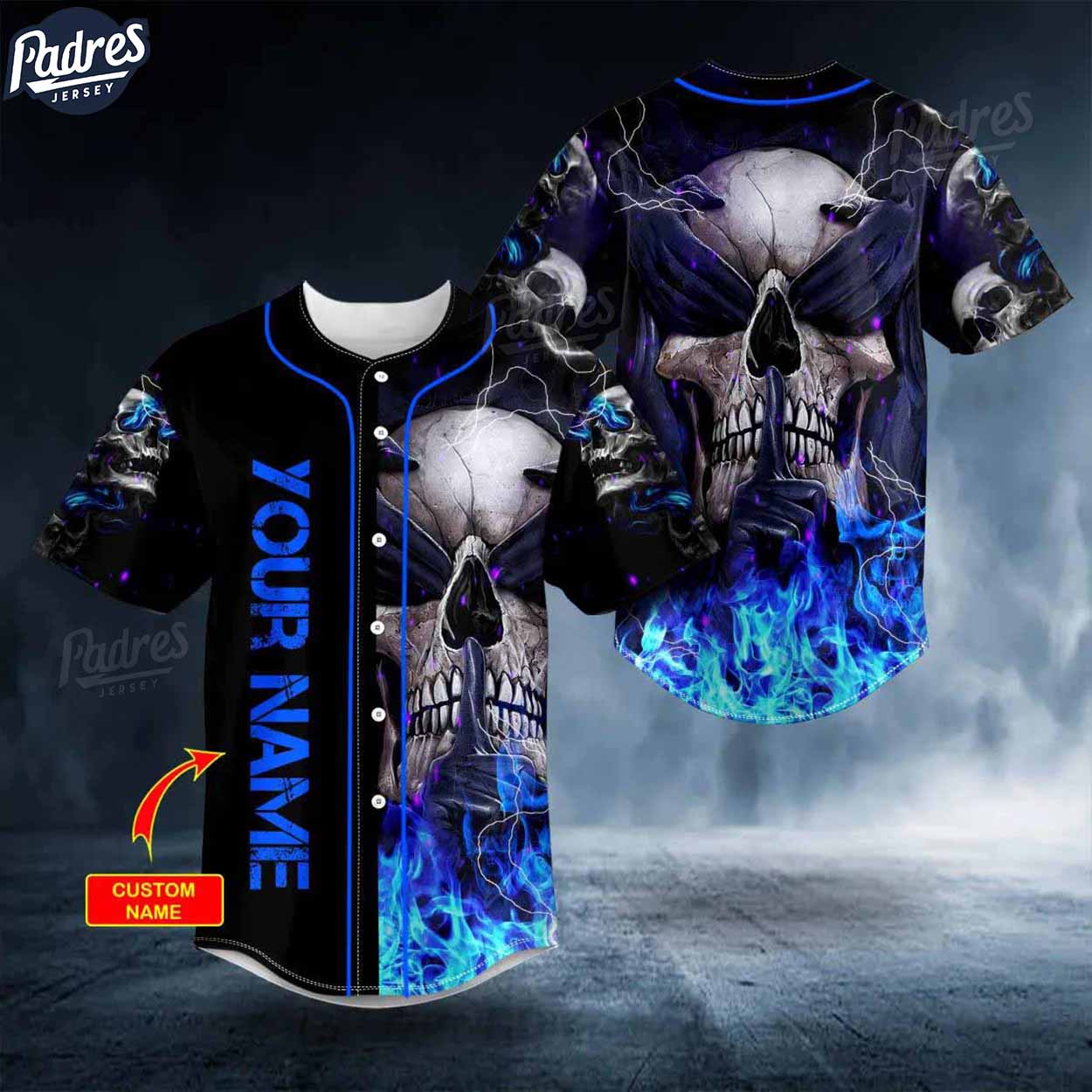 Custom See No Hear No Speak No Evil Blue Fire Skull Baseball Jersey - Padres Jersey Oasis: Elevate Your Baseball Style...