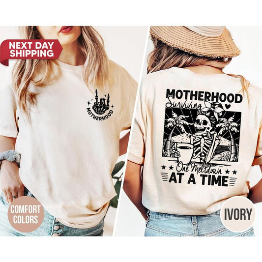 Custom Shirt Motherhood Surviving One Meltdown At A Time Motherhood Skull Mom Shirt Retro Funny Mom Life Cool Mom Club...