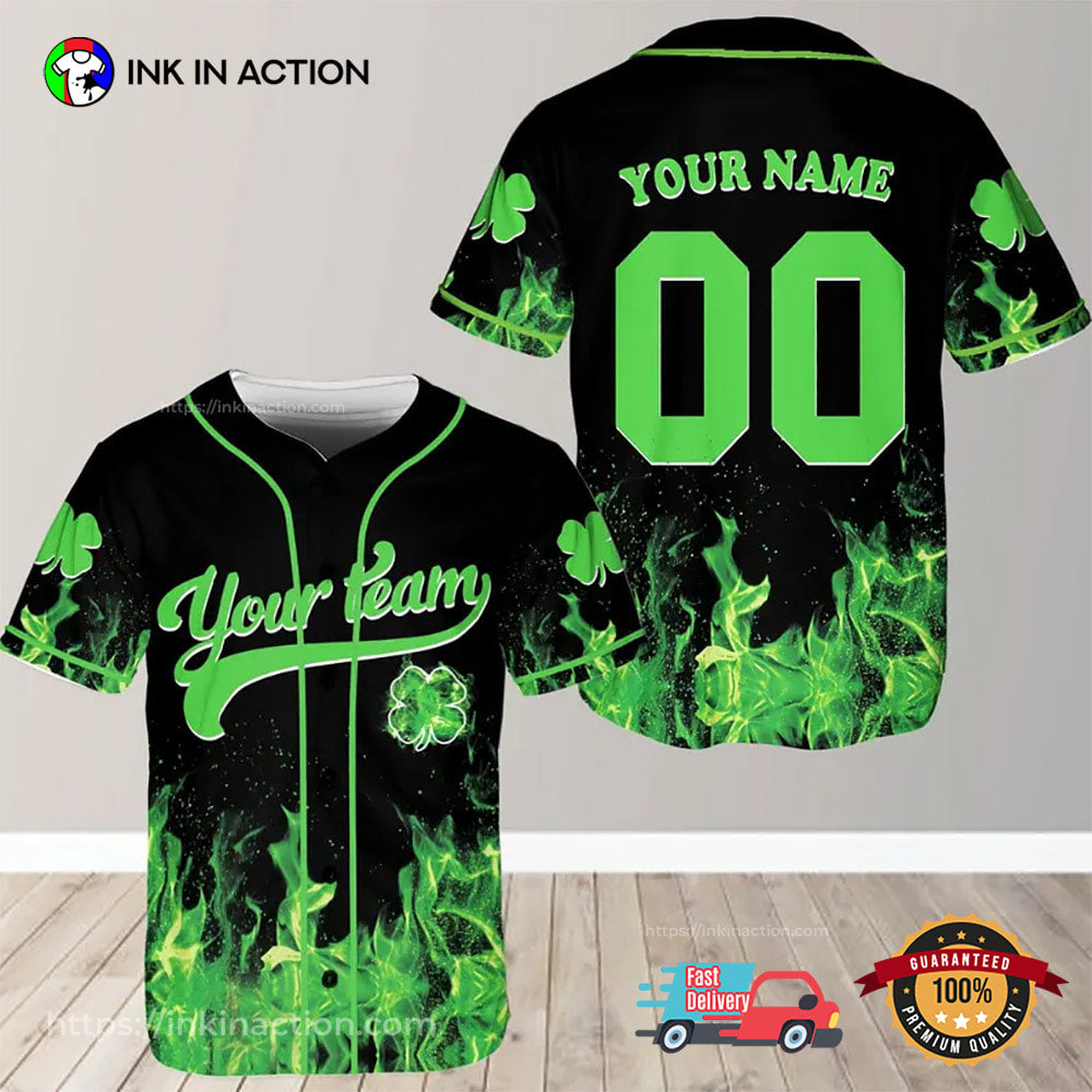 Custom St. Patrick’s Day Green Fire Baseball Jersey