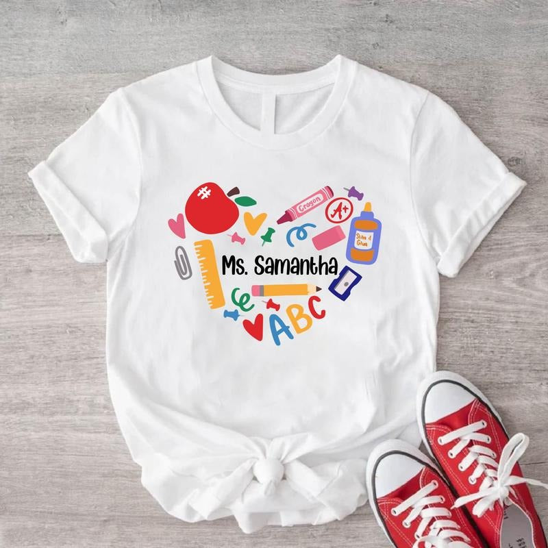 Custom Teacher Shirt, Personalized Heart Teacher's Day T-shirt, Valentine Teacher Gift Tee, Customized Teacher Name Short...