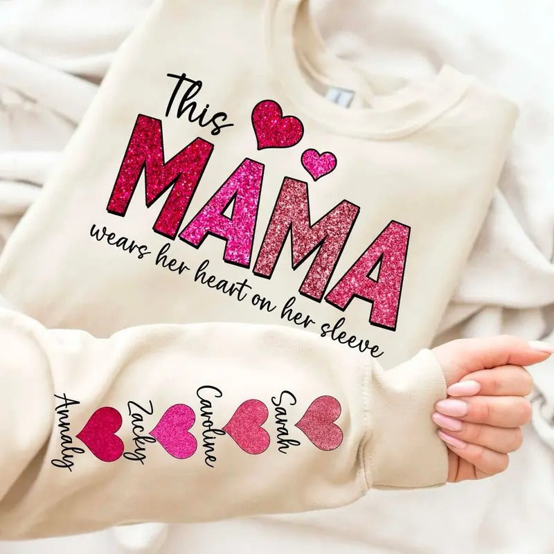 Custom This Mama Wears Her Heart On Her Sleeve Shirt, Mama Heart Coquette Bow Sweatshirt, Personalized Valentine...