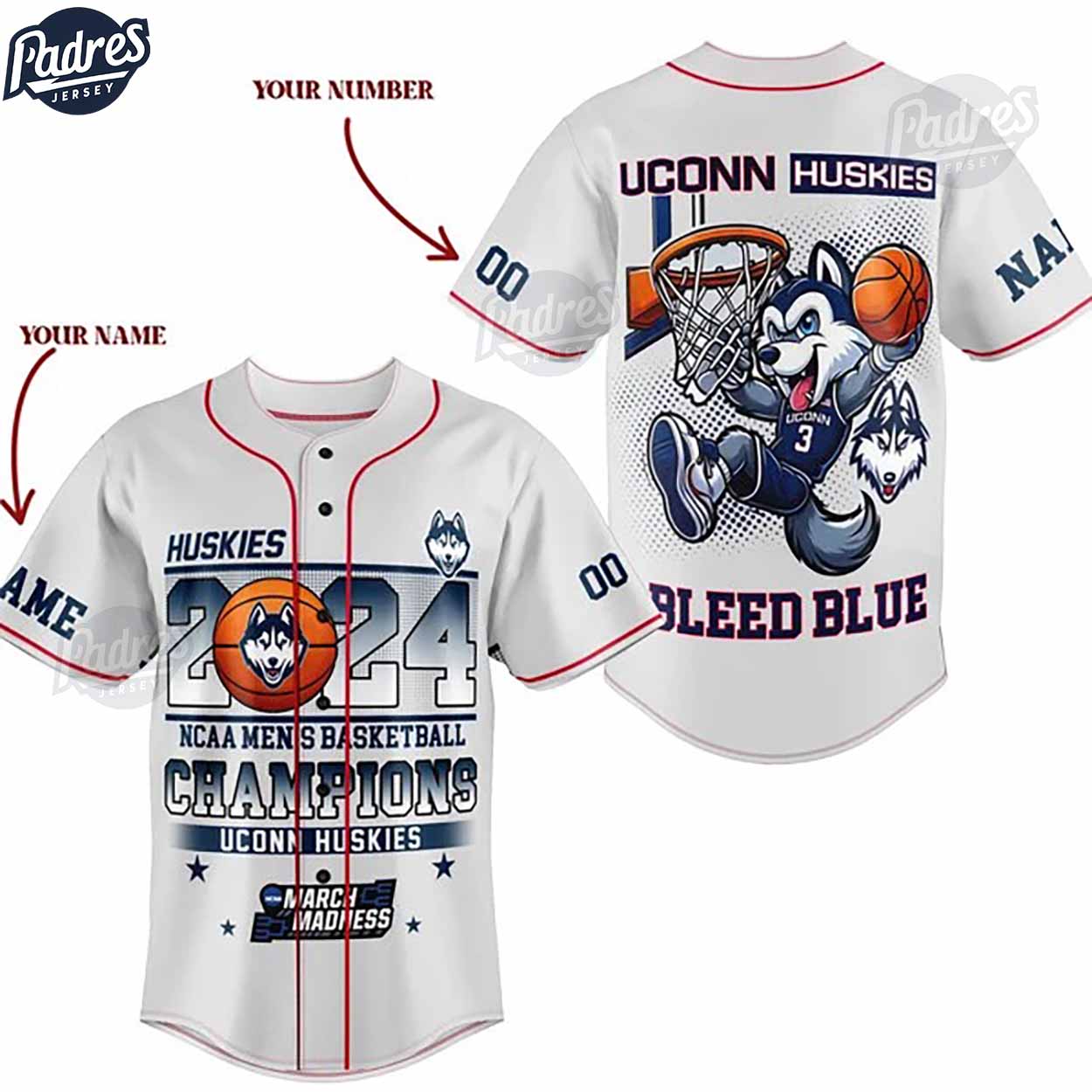 Custom Uconn Huskies 2024 Basketball Baseball Jersey - Padres Jersey Oasis: Elevate Your Baseball Style Game... (Image 1)