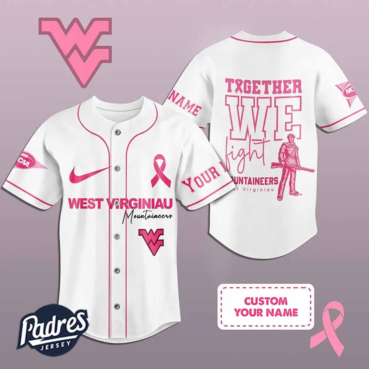 Custom West Virginia Mountaineers Breast Cancer Baseball Jersey - Padres Jersey Oasis: Elevate Your Baseball... (Image 1)